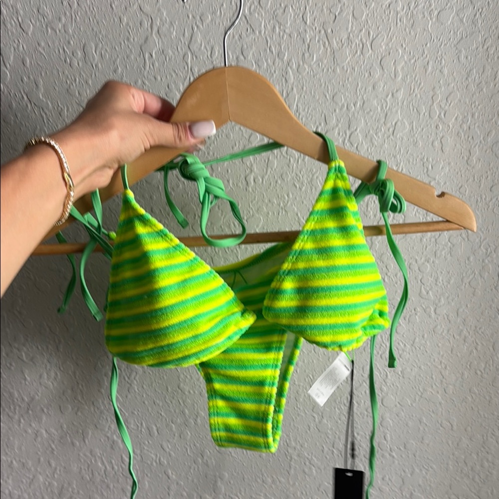 Fashion Nova Green and Yellow Striped Bikini